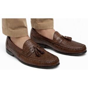 Vintage Brass Boot Brown Woven Braided Leather Loafers Tassels Men 8M Slip On